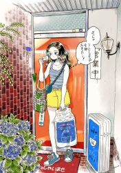  1girl bag black_eyes black_hair blue_shoes blush breasts brick_floor brick_wall cafe collarbone colored_skin door doormat emamemamo33 fingernails flower food full_body hair_ornament hair_over_shoulder hairclip highres holding hydrangea iridescent_hair lamp long_hair open_sign original outdoors parted_hair shoes shopping_bag shorts sign signature slice_of_life sneakers solo speech_bubble striped_tank_top tank_top thought_bubble toilet_paper translated welcome_mat white_skin window yellow_shorts 
