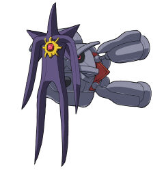  absurdres black_sclera claws colored_sclera colored_skin extra_arms fukkatsu_saisei_kaijin full_body gem gundam gundam_gquuuuuux highres kikeroga_(gquuuuuux) long_legs mega_pokemon mega_starmie metagross no_eyes no_humans parody pokemon pokemon_(creature) pokemon_focus purple_skin red_eyes red_gemstone simple_background starfish starmie white_background zeon 