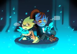  2016 2d 2girls alphys alternate_costume anthro barefoot black_jacket blue_flower blue_pants blue_skin boots buck_teeth chibi chibi_only coat colored_sclera colored_skin digital_media dinosaur dinosaur_girl dress duo ear_fins echo_flower female female_only fins fish fish_girl flower glasses head_fins high_ponytail holding holding_flower in-universe_location jacket lab_coat lizard lizard_girl lizard_tail long_hair monster monster_girl multiple_girls nnbadbear no_eyepatch official_alternate_costume outdoors pants polka_dot polka_dot_dress ponytail red_boots red_eyes red_hair reptile reptile_girl reptile_tail scalie scarf sharp_teeth side-by-side sitting slit_pupils tail teeth undertale undyne utdr_(toby_fox) water waterfall white_coat yellow_sclera yellow_skin yellow_teeth 