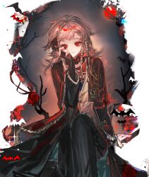  1girl absurdres ball bat_(animal) black_coat black_gloves black_pants branch cloak coat dark_background feet_out_of_frame fingerless_gloves flower gloves grey_hair grin hand_up highres holding holding_ball jacket medium_hair pants quad_braids red_cloak red_eyes red_flower reverse:1999 rubuska single_glove sitting smile solo sparkle weiyan_(nbnbmwnl) white_jacket 