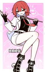  1girl :d absurdres belt black_gloves black_shirt black_shoes blush character_name commentary_request drum drumsticks fingerless_gloves gloves gradient_background highres holding holding_drumsticks horikawa_raiko instrument jacket lightning_bolt_symbol looking_at_viewer necktie panties pink_background red_eyes red_hair red_necktie shen_bi_ren_(user_rjgy2824) shirt shoes short_hair skirt smile solo touhou underwear white_jacket white_panties white_skirt 