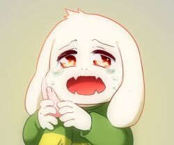  2015 2d ambiguous_gender animal_ears anthro asriel_dreemurr chara_(undertale) digital_media droopy_ears fangs floppy_ears furry furry_male goat goat_boy goat_ears green_shirt grey_background hand_on_another&#039;s_cheek horizontal-striped_clothes human male mammal monster monster_boy nnbadbear open_mouth pov pov_hands red_eyes shirt simple_background skin_fangs solo_focus striped_clothes striped_shirt two-tone_shirt undertale utdr_(toby_fox) white_fur wrist_grab yellow_stripes 