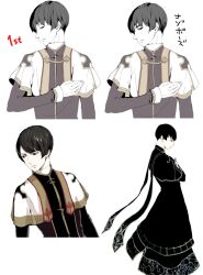  1boy arch_bishop_(ragnarok_online) black_eyes black_hair black_shirt capelet closed_mouth commentary_request highres kino_cozi looking_at_viewer male_focus multiple_views official_alternate_costume ragnarok_online shirt short_hair simple_background upper_body white_background white_capelet 