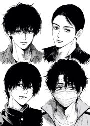  4boys buttons chainsaw_man closed_mouth collared_shirt cropped_shoulders gakuran greyscale haikyuu!! hair_between_eyes highres jacket kobayashi_keiji_(onna_no_sono_no_hoshi) looking_at_viewer looking_to_the_side male_focus mask mole mole_on_forehead mole_under_eye mole_under_mouth monochrome mouth_mask multiple_boys multiple_moles onna_no_sono_no_hoshi parted_bangs parted_lips sakamoto_days sakusa_kiyoomi school_uniform seba_natsuki shirt short_hair simple_background sso_s teeth unzipped white_background yoshida_hirofumi 