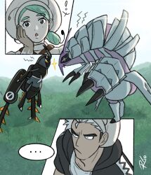  ! ... 1boy 1girl black_hair face-to-face golisopod grass green_hair guzma_(pokemon) hat highres katy_(pokemon) lokix mole mole_under_eye multicolored_hair pokemon pokemon_(creature) pokemon_sm pokemon_sv riodrawsstuff signature team_skull two-tone_hair white_hair 