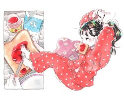  1girl barefoot black_eyes black_hair blush bread bread_slice emamemamo33 floral_print food food_in_mouth from_side hair_tie highres holding holding_bread holding_knife jam knife long_hair milk nail_polish navel original painting_(medium) pajamas pillow pink_pillow polka_dot red_nails signature simple_background solo toast traditional_media tying_hair white_background 