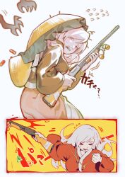  1girl ^^^ absurdres ajirogasa androgynous assault_rifle basket black_veil breasts brown_kimono clenched_hand crying crying_with_eyes_open disembodied_hand favnvs_(s910a_ib6) firing flying_sweatdrops genderswap genderswap_(otf) gun hair_between_eyes hakama hakama_skirt hat hat_on_back highres holding holding_gun holding_weapon japanese_clothes kimono large_breasts layered_skirt leaning_forward len&#039;en long_hair long_sleeves messy_hair motion_lines multiple_views open_mouth parody parody_request pill pink_eyes pink_hair pink_skirt rifle scared shirami_souko short_kimono skirt sound_effects sparkle teardrop tears teeth veil weapon white_background white_hakama wide_sleeves yellow_hat 