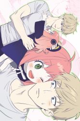  1boy 1girl absurdres ahoge anya_(spy_x_family) black_dress blonde_hair blue_eyes blush cheek-to-cheek child dress green_eyes hair_between_eyes hairpods heads_together highres hug medium_hair multiple_views one_eye_closed pink_hair shirt short_hair short_sleeves spy_x_family sweatdrop twilight_(spy_x_family) upper_body white_shirt yslloq 