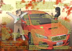  2girls arms_up artist_name autumn_leaves black_hair black_jacket blurry blurry_foreground brown_overalls brown_skirt car checkered_clothes checkered_skirt commentary_request copyright_notice dark-skinned_female dark_skin english_text falling_leaves full_body grin happy highres holding holding_paper jacket jettoburikku leaf license_plate logo long_sleeves maple_leaf motor_vehicle multiple_girls original outdoors overalls pamphlet paper pointing_out_the_details product_placement red_car right-hand_drive shoes shoshinsha_mark skirt smile sneakers standing subaru_(brand) subaru_levorg sweater teeth vehicle_focus white_shoes white_sweater 