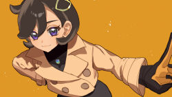  1girl black_bodysuit black_gloves black_hair blush bodysuit bodysuit_under_clothes breasts brown_jacket closed_mouth dark-skinned_female dark_skin emma_(pokemon) gloves hair_ornament highres jacket latex latex_bodysuit looking_at_viewer mega_stone orange_gloves pokemon pokemon_legends:_z-a short_hair simple_background smile solo violet_eyes watashi_momo yellow_background 