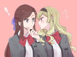  ! 2girls arm_at_side arms_at_sides black_hairband blonde_hair blush bow bowtie breast_pocket brown_hair closed_mouth collared_shirt commentary_request eye_contact grabbing_another's_chin grey_eyes grey_jacket hair_bow hair_ornament hairband half_updo hand_on_another's_chin hand_up jacket looking_at_another looking_to_the_side multiple_girls ni_kki04_s open_clothes open_jacket parted_bangs pink_background pink_eyes pocket profile puff_of_air purple_bow red_bow red_bowtie saijou_claudine school_uniform seishou_music_academy_uniform shirt shoujo_kageki_revue_starlight side-by-side sidelocks simple_background tendou_maya upper_body wavy_hair white_shirt x_hair_ornament yuri 