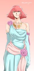  bare_shoulders blue_dress collarbone david_huang dress elbow_gloves flower gloves gundam gundam_zz haman_karn highres jewelry lipstick looking_at_viewer makeup mobile_suit_gundam necklace pink_hair ribbon short_hair simple_background solo 