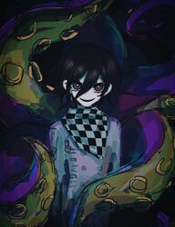  1boy black_hair buttons checkered_clothes checkered_scarf danganronpa_(series) danganronpa_v3:_killing_harmony double-breasted evil_smile grey_jacket highres jacket long_sleeves male_focus medium_hair oma_kokichi scarf seng_(nnnmi05) smile solo tentacles upper_body violet_eyes 