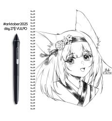  1girl animal_ears arknights bluajisai commentary english_commentary faux_traditional_media fox_ears fox_girl greyscale hair_ornament hairband highres japanese_clothes kimono looking_at_viewer monochrome official_alternate_costume open_mouth smile solo suzuran_(arknights) suzuran_(yukibare)_(arknights) teeth upper_teeth_only 