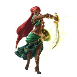  1girl ardi_(zelda) bare_shoulders blue_lips braid dark-skinned_female dark_skin full_body gerudo green_eyes highres holding holding_shield hyrule_warriors:_age_of_imprisonment jewelry lipstick long_hair low-braided_long_hair low-tied_long_hair makeup muscular official_art pointy_ears red_hair scimitar shield simple_background sword the_legend_of_zelda the_legend_of_zelda:_tears_of_the_kingdom transparent_background very_dark_skin very_long_hair weapon 