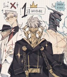 ahu_(to_be_hero_x) black_coat black_hat black_shirt character_name coat collared_shirt cowboy_shot cross_scar dog e-soul_(to_be_hero_x) fedora ghostblade_(to_be_hero_x) glasses gold_trim grey_eyes grey_hair grid_background hair_between_eyes hair_slicked_back hat helmet highres light_smile male_focus mask medium_hair mouth_mask necktie otakupup pants red_necktie scar scar_on_chest shirt short_hair snapping_fingers sparkle suit to_be_hero to_be_hero_x topless_male white_coat white_pants white_suit x_(to_be_hero_x) x_ornament 