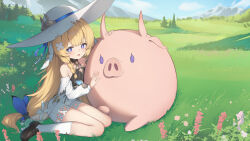  +_+ 1girl absurdres black_shoes blonde_hair blue_eyes braid ciza_gomi commentary detached_sleeves duet_night_abyss filbert_(duet_night_abyss) flower grass hair_ornament hat highres long_hair long_sleeves looking_at_viewer low-tied_long_hair on_grass open_mouth outdoors pig puffy_long_sleeves puffy_sleeves shoes shorts sitting socks sun_hat truffle_(duet_night_abyss) very_long_hair wariza white_hat white_shorts white_sleeves white_socks 