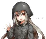  1girl breast_pocket combat_helmet crossed_bangs eiri_(eirri) hair_between_eyes helmet long_hair looking_at_viewer military_uniform open_mouth original pocket red_eyes shirt sidelocks simple_background sleeves_past_wrists smile soldier solo uniform upper_body waving white_background 