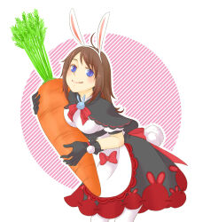  1girl :p absurdres animal_ears black_capelet black_gloves black_skirt blue_eyes blush bow bowtie breasts brown_hair capelet carrot chima_(iccachima) closed_mouth commentary_request cowboy_shot fake_animal_ears fake_tail gloves highres long_hair looking_at_viewer medium_breasts pantyhose rabbit_ears rabbit_tail ragnarok_masters ragnarok_online red_bow red_bowtie shirt skirt smile solo tail tongue tongue_out white_background white_pantyhose white_shirt 