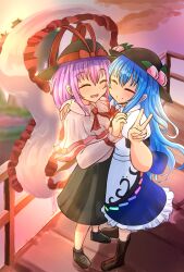  2girls bissya314 black_hat black_shoes black_skirt blue_hair blue_skirt boots bow brown_shoes capelet closed_eyes closed_mouth frilled_shawl frilled_skirt frills full_body hat hat_bow highres hinanawi_tenshi long_hair long_sleeves multiple_girls nagae_iku outdoors peach_hat_ornament purple_hair red_bow shawl shirt shoes short_hair short_sleeves skirt smile standing touhou v variant_set white_capelet white_shirt 