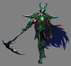 1boy aalure absurdres armor black_nails blue_cape cape colored_sclera fake_horns fingernails floating_cape full_body green_armor green_sclera grey_background highres holding holding_scythe holding_weapon horned_headwear horns korean_commentary loki_(marvel) loki_(marvel)_(all-butcher) long_fingernails long_hair male_focus marvel marvel_rivals official_alternate_costume pauldrons red_eyes scythe sharp_fingernails shoulder_armor smile solo thor_(marvel)_(series) torn_cape torn_clothes weapon white_hair 