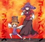 2girls blonde_hair brown_headwear engine_sentai_go-onger explosion full_body geta gradient_background hitsuji_bako layered_sleeves long_sleeves looking_at_viewer moriya_suwako multiple_girls puffy_short_sleeves puffy_sleeves purple_hair red_eyes red_skirt short_over_long_sleeves short_sleeves skirt smile super_sentai thigh-highs touhou white_thighhighs yasaka_kanako