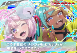 2girls :d ;d bandeau blue_eyes blush bow-shaped_hair canari_(pokemon) character_hair_ornament commentary_request eyelashes hair_ornament halya_meri happy highres iono_(pokemon) jacket looking_at_viewer multicolored_hair multiple_girls nail_polish one_eye_closed open_mouth poke_ball_symbol pokemon pokemon_legends:_z-a pokemon_sv sharp_teeth smile teeth tongue translation_request two-tone_hair yellow_bandeau yellow_jacket zipper_pull_tab 
