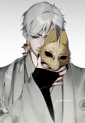  1boy black_bridal_gauntlets black_nails black_sclera blurry bridal_gauntlets closed_mouth colored_sclera crest depth_of_field earrings english_commentary eriimyon eye_mask fox_mask_(silent_hill) gradient_background grey_background grey_hair grey_haori grey_kimono hair_between_eyes hair_over_shoulder hand_up highres holding holding_mask japanese_clothes jewelry kimono long_hair long_sleeves male_focus mask montsuki nail_polish one_eye_covered ponytail silent_hill_(series) silent_hill_f simple_background smile solo straight-on tassel tassel_earrings twitter_username unworn_mask upper_body wide_sleeves yellow_eyes 