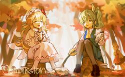 &gt;_&lt; 4girls absurdres aki_minoriko aki_shizuha ankle_socks apple ascot autumn barefoot black_shoes black_skirt blonde_hair blue_skirt blue_vest bow collared_dress collared_shirt commission cooking daiyousei day dot_nose dress eating fairy fairy_wings favnvs_(s910a_ib6) flying food food_bite forest fruit full_body gloves green_eyes green_hair grey_pantyhose hair_between_eyes hair_bow hand_on_own_chin happy hat hat_bow highres holding holding_food holding_stick juliet_sleeves layered_sleeves lily_white loafers long_dress long_sleeves looking_at_another mary_janes medium_hair medium_skirt miniskirt mob_cap multiple_girls mushroom nature on_tree_stump open_mouth outdoors pantyhose pleated_skirt puffy_sleeves red_bow red_dress red_hat ribbon-trimmed_skirt ribbon_trim shirt shoes short_hair short_over_long_sleeves short_side_ponytail short_sleeves siblings sisters sitting skirt skirt_set sky smile socks steam stick sweet_potato touhou tree vest walking white_dress white_gloves white_hat white_shirt white_sky white_socks white_wings wings yellow_ascot yellow_bow 