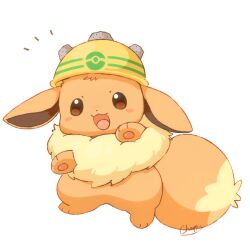  animal_focus blush brown_eyes brown_fur eevee fluffy helmet looking_at_viewer mimix no_humans open_mouth pokemon pokemon_(creature) pokemon_focus rocky_helmet_(pokemon) simple_background smile tail white_background yellow_helmet 