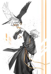  1boy arm_up bags_under_eyes belt_ribbon bird black_eyes black_robe bracelet clothing_request commentary covered_mouth english_commentary falcon feet_out_of_frame ghostblade_(to_be_hero_x) grey_stranger highres jewelry leaning_to_the_side light_particles looking_at_animal male_focus mask mouth_mask robe short_hair to_be_hero to_be_hero_x white_hair 