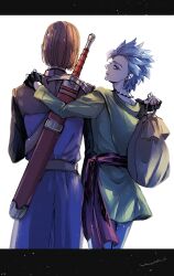  2boys arm_around_shoulder artist_name belt black_border black_gloves blue_pants blue_tunic border brown_hair camus_(dq11) cowboy_shot dragon_quest dragon_quest_xi earrings facing_away fingerless_gloves gloves green_jacket grey_hair hair_slicked_back hero_(dq11) highres hkkmrbs holding holding_sack jacket jewelry looking_at_viewer male_focus multiple_boys necklace pants parted_lips purple_belt sack shirt short_hair spiky_hair sword sword_on_back tunic weapon weapon_on_back white_background white_shirt 