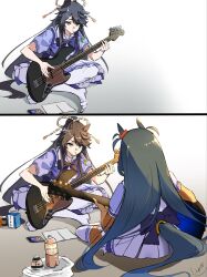  2girls animal_ears bag bandaid bandaid_on_face bandaid_on_nose black_hair bottle commentary_request dark-skinned_female dark_skin digital_media_player electric_guitar food green_eyes guitar highres hishi_amazon_(umamusume) holding holding_instrument horse_ears horse_girl horse_tail indian_style instrument juice_box kneehighs long_hair mouth_hold multiple_girls music naegi_happy narita_brian_(umamusume) on_ground onigiri paper plastic_bag playing_instrument ponytail purple_shirt shade shirt short_sleeves sitting skirt socks stalk_in_mouth summer_uniform tail umamusume very_long_hair water_bottle white_skirt white_socks 
