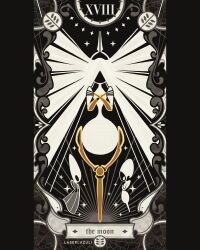  3girls absurdly_long_hair absurdres arthropod_girl artist_name black_skin card_(medium) colored_skin commentary crossed_arms english_commentary english_text full_body giant giantess grand_mother_silk_(hollow_knight) highres hollow_eyes hollow_knight hollow_knight:_silksong hornet_(hollow_knight) lace_(hollow_knight) laserlazuli long_hair mask multiple_girls pillarboxed puffy_sleeves silk solo spider_web spot_color standing tarot tarot_(medium) the_moon_(tarot) very_long_hair 