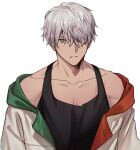  1boy alternate_hairstyle arurandeisu black_tank_top collarbone green_eyes grey_hair hair_over_one_eye highres holostars jacket looking_at_viewer male_focus n@o_(nao) off_shoulder open_clothes open_jacket parted_lips short_hair simple_background solo tank_top virtual_youtuber white_background white_jacket 