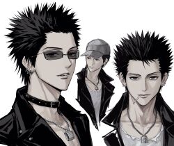  black_choker black_hair black_jacket capelet choker ear_piercing forehead glasses grey_eyes highres honjou_ren jacket jewelry lips lollipop_in_mouth looking_at_viewer multiple_piercings multiple_views nana_(series) necklace parted_lips piercing rectangular_eyewear shirt simple_background spiky_hair sso_s teeth torn_clothes torn_shirt white_background white_shirt 