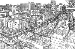  absurdly_detailed_composition absurdres building bus car cityscape commentary_request complex_exterior greyscale highres lamppost lineart monochrome motor_vehicle original pen_(medium) people power_lines road road_sign scenery shopping_district sign street traditional_media traffic translation_request utility_pole vanishing_point yamaguti 