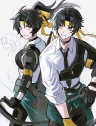  1boy 1girl absurdres armor artist_logo asaba_harumasa asymmetrical_gloves black_gloves black_hair black_necktie black_pants bow_(weapon) choker clothes_around_waist eye_contact facing_viewer from_side genderswap genderswap_(mtf) gloves hashtag-only_commentary headband highres holding holding_bow_(weapon) holding_weapon logo long_hair looking_at_another mismatched_gloves necktie nongxy_nonshi pants parted_bangs ponytail quiver ribbon shirt short_hair shoulder_armor sleeves_rolled_up smile twitter_username weapon white_background white_shirt wristband yellow_eyes yellow_gloves yellow_headband yellow_ribbon zenless_zone_zero 