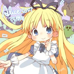  1girl alice_(alicesoft) alicesoft anniversary apron artist_name bird black_ribbon blonde_hair blue_dress blue_eyes closed_mouth commentary_request company_name cowboy_shot crow deformed dress finger_to_cheek frilled_apron frilled_cuffs frills hair_ribbon hanny hiyopuko holding holding_polearm holding_weapon index_finger_raised long_hair neck_ribbon polearm puffy_short_sleeves puffy_sleeves ribbon short_sleeves smile trident very_long_hair weapon white_apron wrist_cuffs yukichi_(alicesoft) 