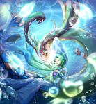  1boy bo_(bouillustration) bubble commentary_request green_hair green_scarf hat heart highres luvdisc milotic pokemon pokemon_(creature) pokemon_(game) pokemon_emerald pokemon_rse scarf seal_(animal) sealeo short_hair smile sunlight underwater 