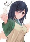  1girl 9610_(kuroto) black_eyes black_hair breasts brown_dress dress green_sweater hair_down highres kantai_collection large_breasts medium_hair official_alternate_costume official_alternate_hairstyle one-hour_drawing_challenge smile solo souryuu_(kancolle) sweater v 
