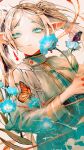  1girl absurdres aqua_eyes blue_dress blue_flower bug butterfly capelet dress earrings elf flower frieren highres holding holding_flower jewelry long_hair parted_lips pointy_ears pokepoke_(usdg7842) solo sousou_no_frieren twintails white_capelet white_hair 