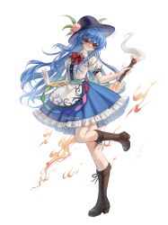  1girl 80isiiii black_hat blue_hair blue_skirt boots bow bowtie closed_mouth commentary commission frilled_skirt frills full_body hat highres hinanawi_tenshi holding holding_sword holding_weapon long_hair peach_hat_ornament rainbow_order red_bow red_bowtie red_eyes short_sleeves simple_background skirt solo sword symbol-only_commentary touhou weapon white_background 