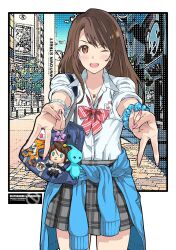  1girl alternate_costume angelo_(ff8) bag bead_bracelet beads blue_sweater blush border bow bowtie bracelet breasts brown_eyes brown_hair character_doll character_pin clothes_around_waist collared_shirt cowboy_shot doll double_v final_fantasy final_fantasy_viii fingernails grey_skirt highres jewelry long_fingernails long_hair medium_breasts moogle moomba multicolored_hair nail_polish necklace one_eye_closed open_mouth pink_bow pink_nails plaid_clothes plaid_skirt pleated_skirt pupu_(ff8) quichi_91 red_bow red_bowtie ring ring_necklace rinoa_heartilly school_uniform scrunchie shirt shoulder_bag skirt smile solo squall_leonhart streaked_hair striped_bow striped_bowtie striped_clothes sweater sweater_around_waist v white_border white_shirt wrist_scrunchie 