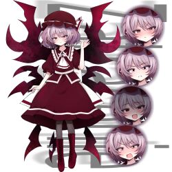  1girl blush boots character_name closed_mouth commentary_request cross-laced_clothes expressionless hat hat_ribbon looking_at_viewer m.u.g.e.n mob_cap multiple_wings purple_hair red_eyes red_hat red_shirt red_skirt remilia_scarlet ribbon ringishou884 shirt short_hair short_sleeves simple_background skirt smile solo tachi-e touhou white_background wings zatracenie_(mugen) 