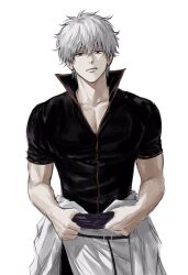  1boy :q covered_pectorals cowboy_shot gintama hair_between_eyes highres japanese_clothes looking_at_viewer male_focus pectoral_cleavage pectorals red_eyes sakata_gintoki short_hair solo sso_s tongue tongue_out white_hair 