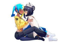  2girls aqua_hair between_legs black_hair black_pants black_shoes blonde_hair blue_pants blush bob_cut canari_(pokemon) coat crop_top cropped_jacket dark-skinned_female dark_skin full_body gwynn_(pokemon) hat highres jacket long_sleeves looking_at_another mask_pull multicolored_hair multiple_girls navel pants pofopyoso pokemon pokemon_legends:_z-a shoes short_hair sitting split-color_hair twintails two-tone_hair two-tone_pants white_background white_coat white_hat white_shoes yellow_jacket yuri 