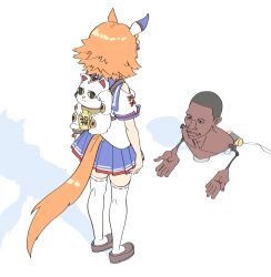  1girl absurdres animal_ears archives.gokulism blue_sailor_collar blue_skirt brown_shoes ear_covers highres horse_ears horse_girl horse_tail khaby_lame_mechanism loafers looking_at_object maneki-neko matikanefukukitaru_(rising_fortune)_(umamusume) matikanefukukitaru_(umamusume) meme orange_hair pleated_skirt sailor_collar shirt shoes short_hair short_sleeves simple_background skirt solo standing tail thigh-highs umamusume white_background white_shirt white_thighhighs 