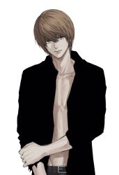  1boy belt black_shirt brown_eyes brown_hair closed_mouth collarbone death_note hand_on_own_arm highres looking_at_viewer male_focus open_clothes open_shirt shirt simple_background solo sso_s upper_body white_background yagami_light 