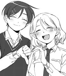  2girls :d ^_^ blush breast_pocket closed_eyes collared_shirt dress_shirt freckles futsuu_no_keion-bu greyscale hair_ornament hairpin heart_hands_failure height_difference highres kouyama_rin long_sleeves monochrome multiple_girls necktie open_mouth pixie_cut pocket rra_(yj) school_uniform screentones shirt short_hair smile sweater_vest thumbs_down tsuru_asaka upper_body 